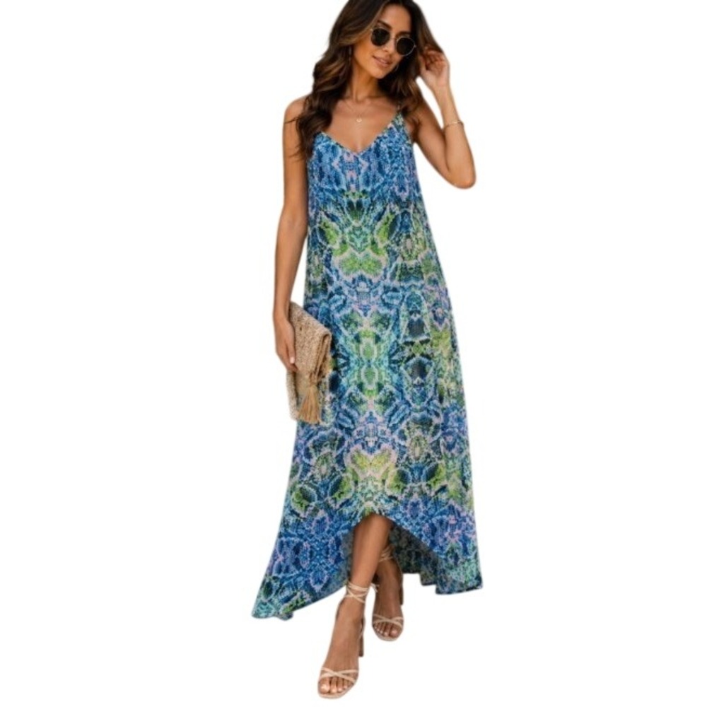 Show Me Your Mumu Taryn Strap Back Dress Womens M Blue Snakeskin Asymmetrical